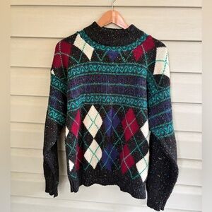 AGENDA vintage 80s wool acrylic mock neck argyle grandpa golf sweater retro CL